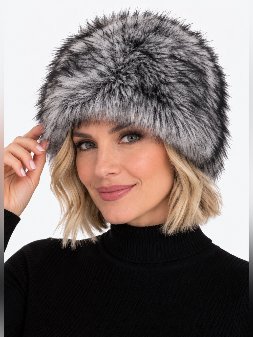 Women’s Grey Black Faux Fur Winter Hat – Soft Plush Russian Style NEW